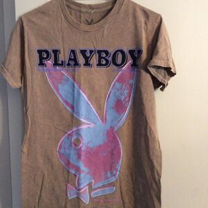 Print Graphic womens tee Playboy Small S vintage look brown
